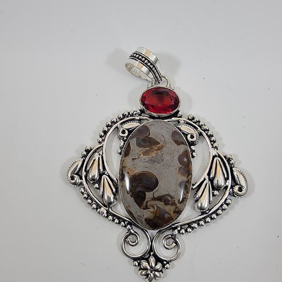 Handmade Silver Pendant with Fossil Coral and Red Garnet Accent - Picture 9 of 10